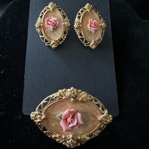 Vintage Gold and Pink Filigree Brooch with Rose Center